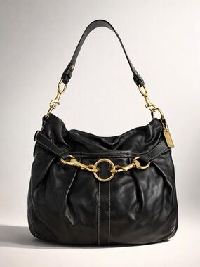 Black Coach Leather Hobo Bag with Brass Hardware